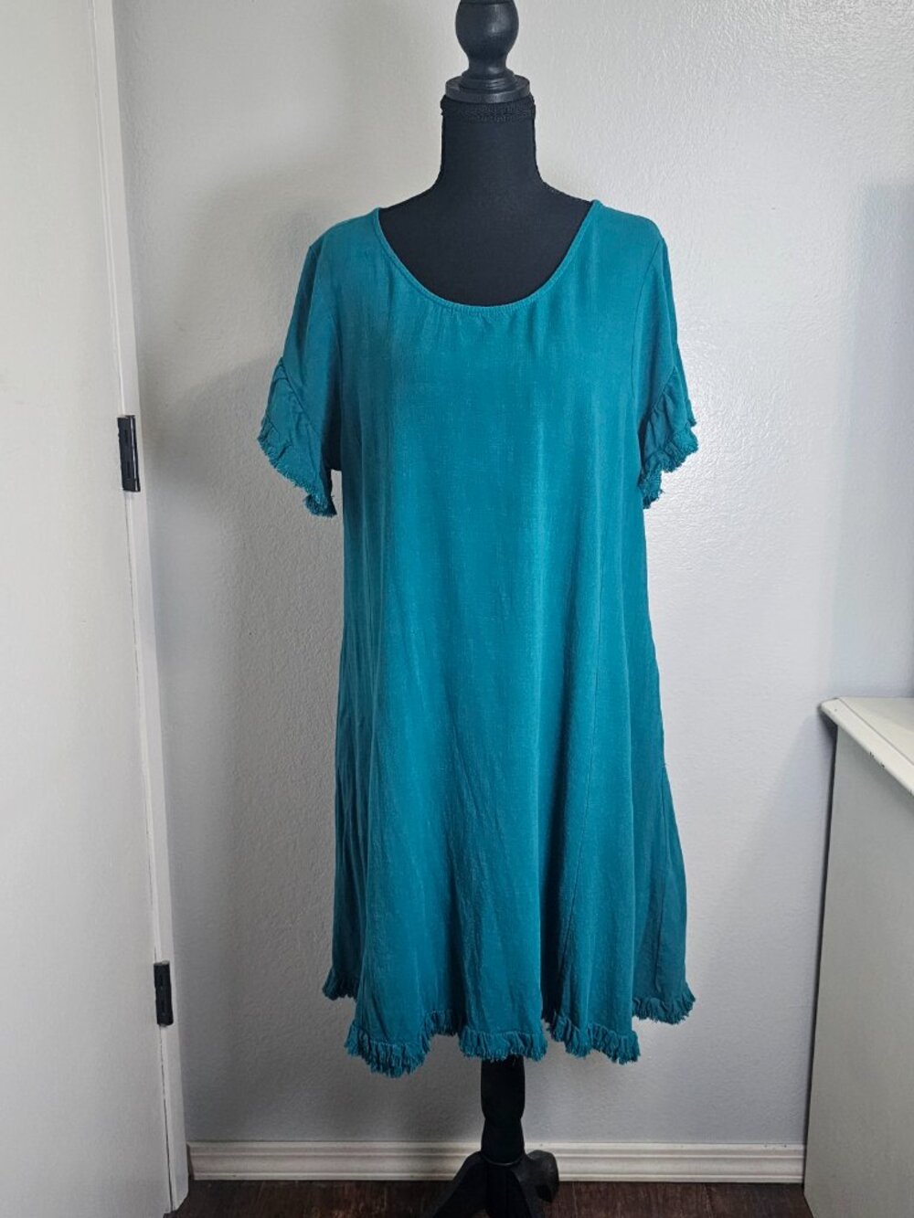 Umgee Teal Fringed Midi Boho Beachy Dress Linen Blend Coastal Women's Size Large - Picture 2 of 7